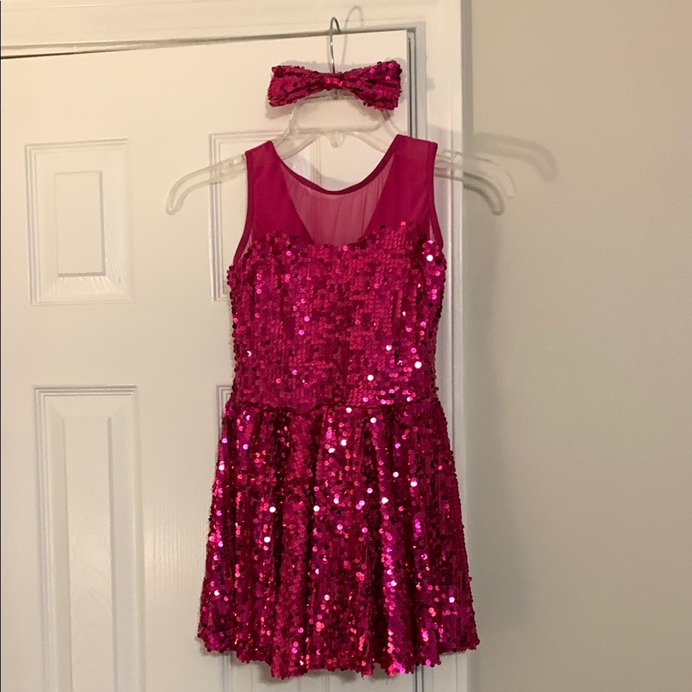 Weissman Pink Sequin Dance Costume Sparkling Sleeveless Design with hair bow